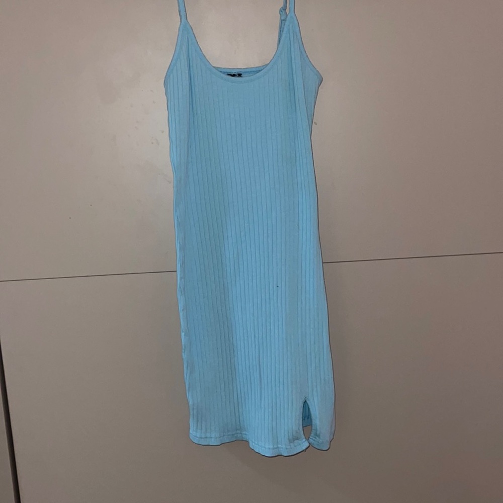 Blue ribbed slit dress